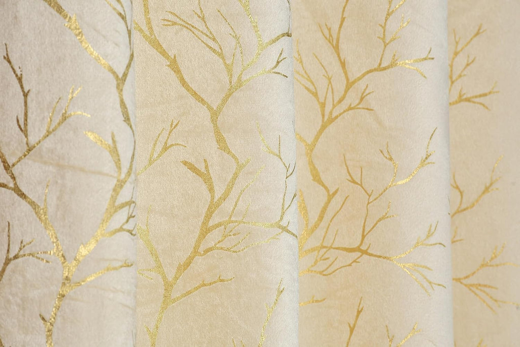 NACIA Golden Foil Print Velvet Curtains for Long Window, Door and Log Door | Decorative Eyelet Room Darkening Drapes with Metallic Tree Branch Design for Living Room and Home Décor, Pack of 1