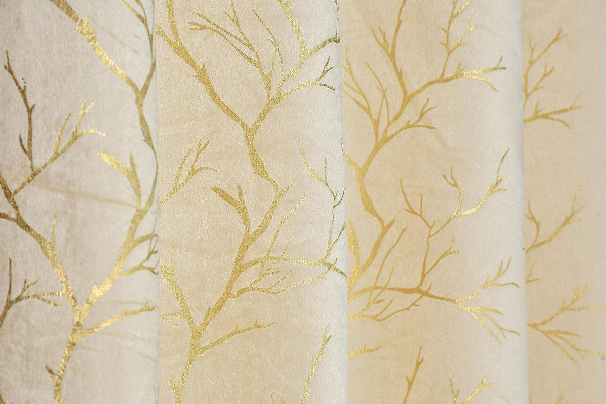 NACIA Golden Foil Print Velvet Curtains for Long Window, Door and Log Door | Decorative Eyelet Room Darkening Drapes with Metallic Tree Branch Design for Living Room and Home Décor, Pack of 1