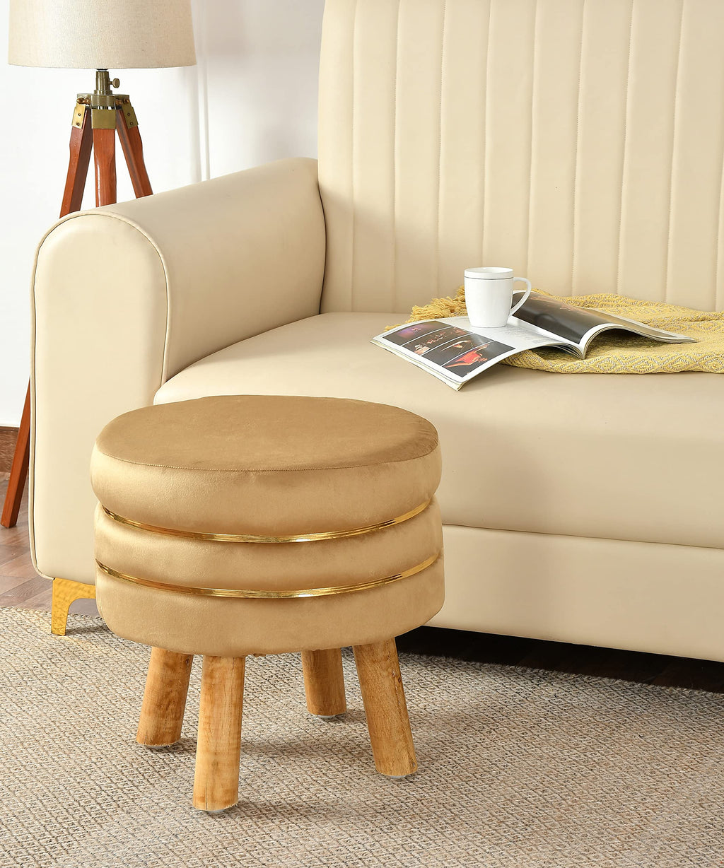 NACIA Velvet Upholstered Ottoman Stool with Wooden Legs | Round Pouffe Footrest Seat for Living Room Bedroom Balcony | Compact Foot Stool for Sitting Home Decor Furniture, 18 Inch