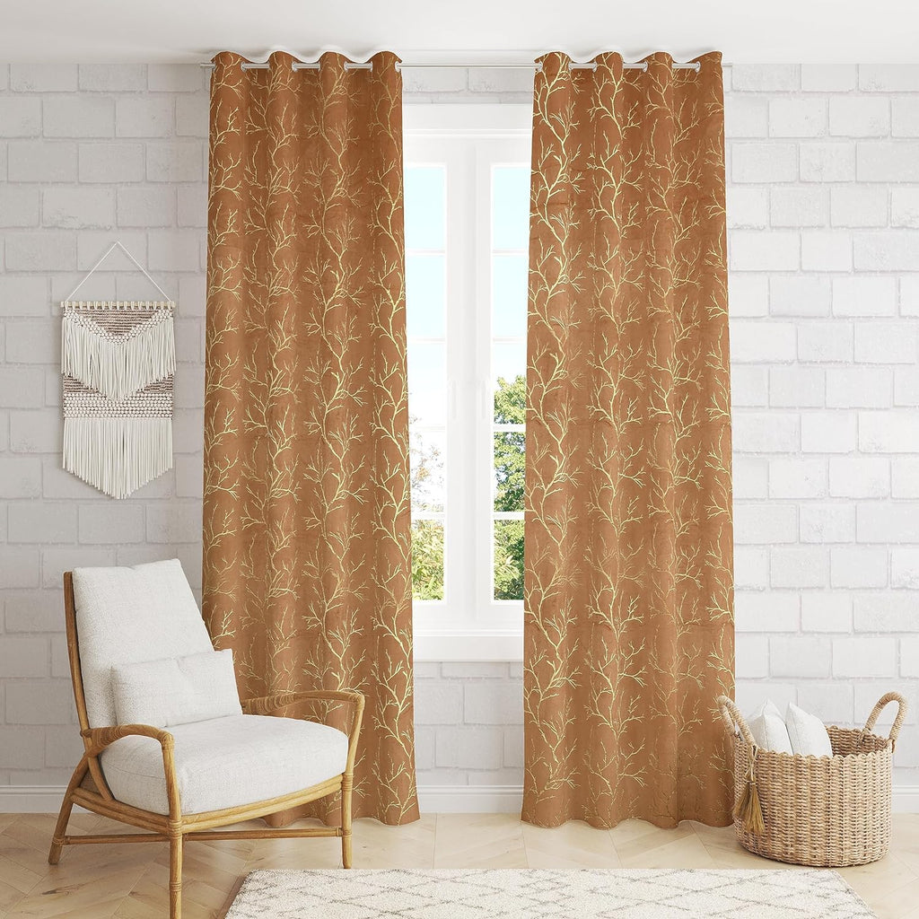 NACIA Golden Foil Print Velvet Curtains for Long Window, Door and Log Door | Decorative Eyelet Room Darkening Drapes with Metallic Tree Branch Design for Living Room and Home Décor, Pack of 1