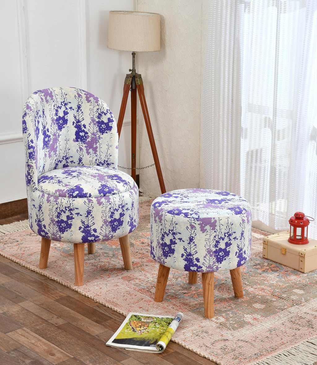 NACIA Velvet Printed Ottoman Chair with Stool Combo | Dressing Table Chair for Bedroom Makeup Room Decor | Modern Upholstered Ottoman with Wooden Legs for Living Room & Home