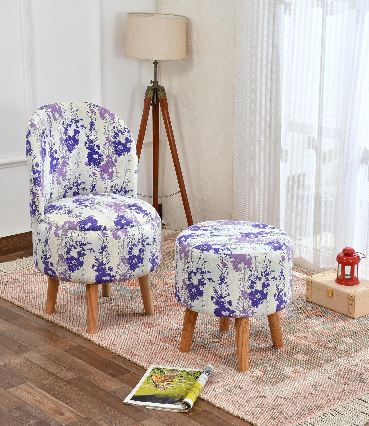 NACIA Velvet Printed Ottoman Chair with Stool Combo | Dressing Table Chair for Bedroom Makeup Room Decor | Modern Upholstered Ottoman with Wooden Legs for Living Room & Home