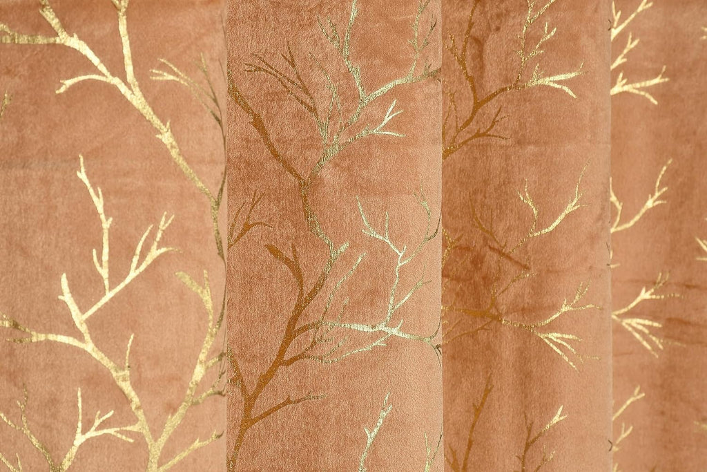 NACIA Golden Foil Print Velvet Curtains for Long Window, Door and Log Door | Decorative Eyelet Room Darkening Drapes with Metallic Tree Branch Design for Living Room and Home Décor, Pack of 1