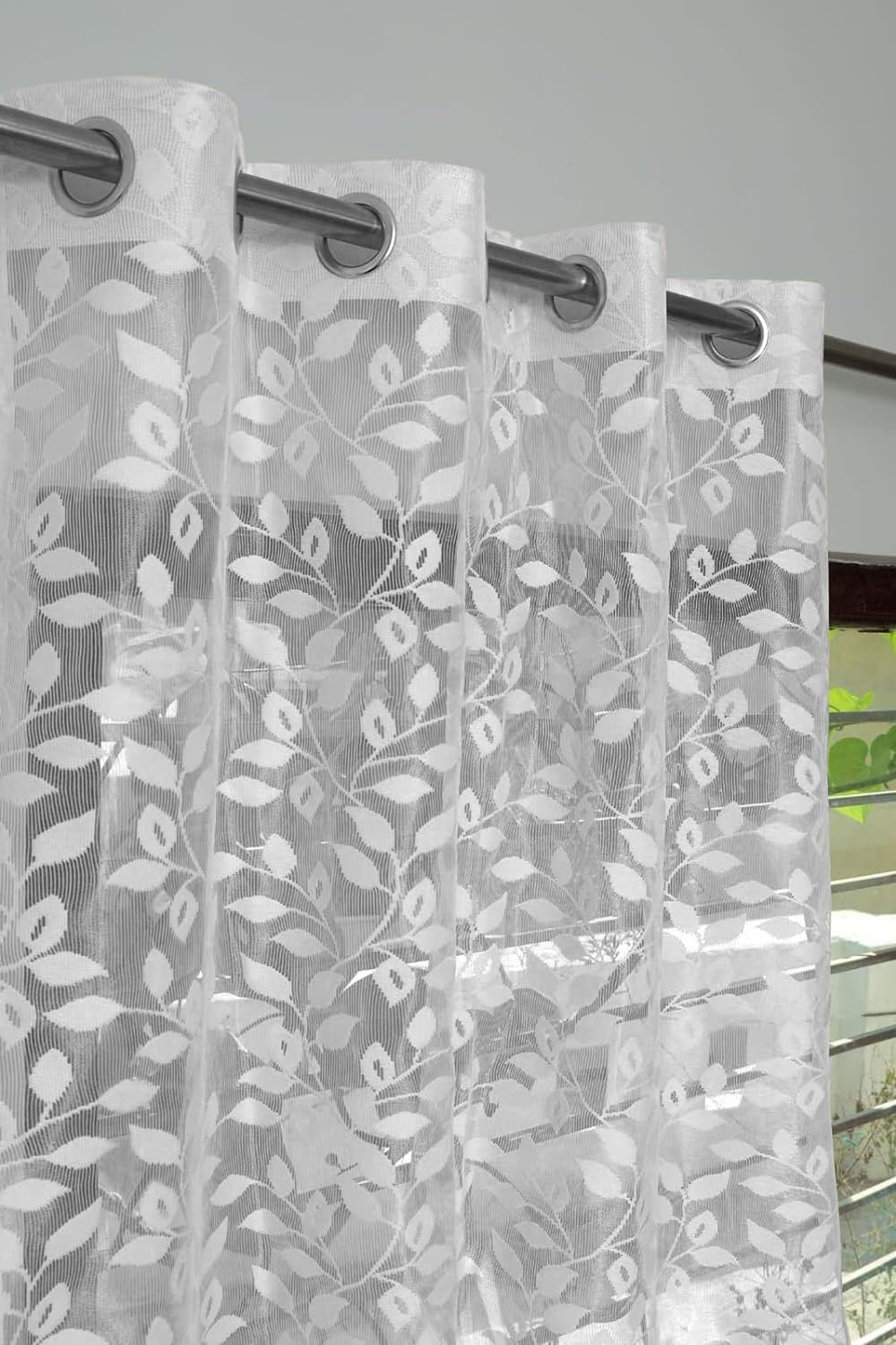 NACIA Floral Net Semi Sheer Curtains 9 Feet Long Set of 2 | Transparent Long Door Curtains with Eyelet Rings | Light Filtering Polyester Net Curtains for Living Room and Bedroom