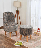 NACIA Velvet Printed Ottoman Chair with Stool Combo | Dressing Table Chair for Bedroom Makeup Room Decor | Modern Upholstered Ottoman with Wooden Legs for Living Room & Home