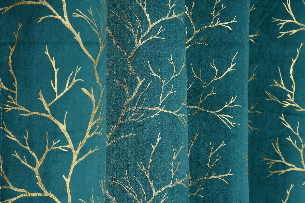 NACIA Golden Foil Print Velvet Curtains for Long Window, Door and Log Door | Decorative Eyelet Room Darkening Drapes with Metallic Tree Branch Design for Living Room and Home Décor, Pack of 1