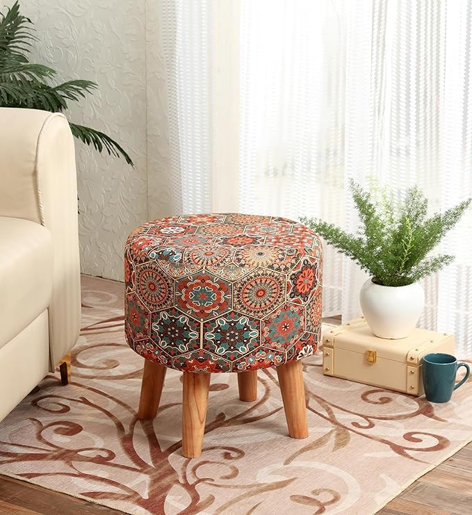 NACIA Printed Ottoman Stool for Living Room | Wooden Pouffe for Sitting and Footrest | Furniture for Home Decor