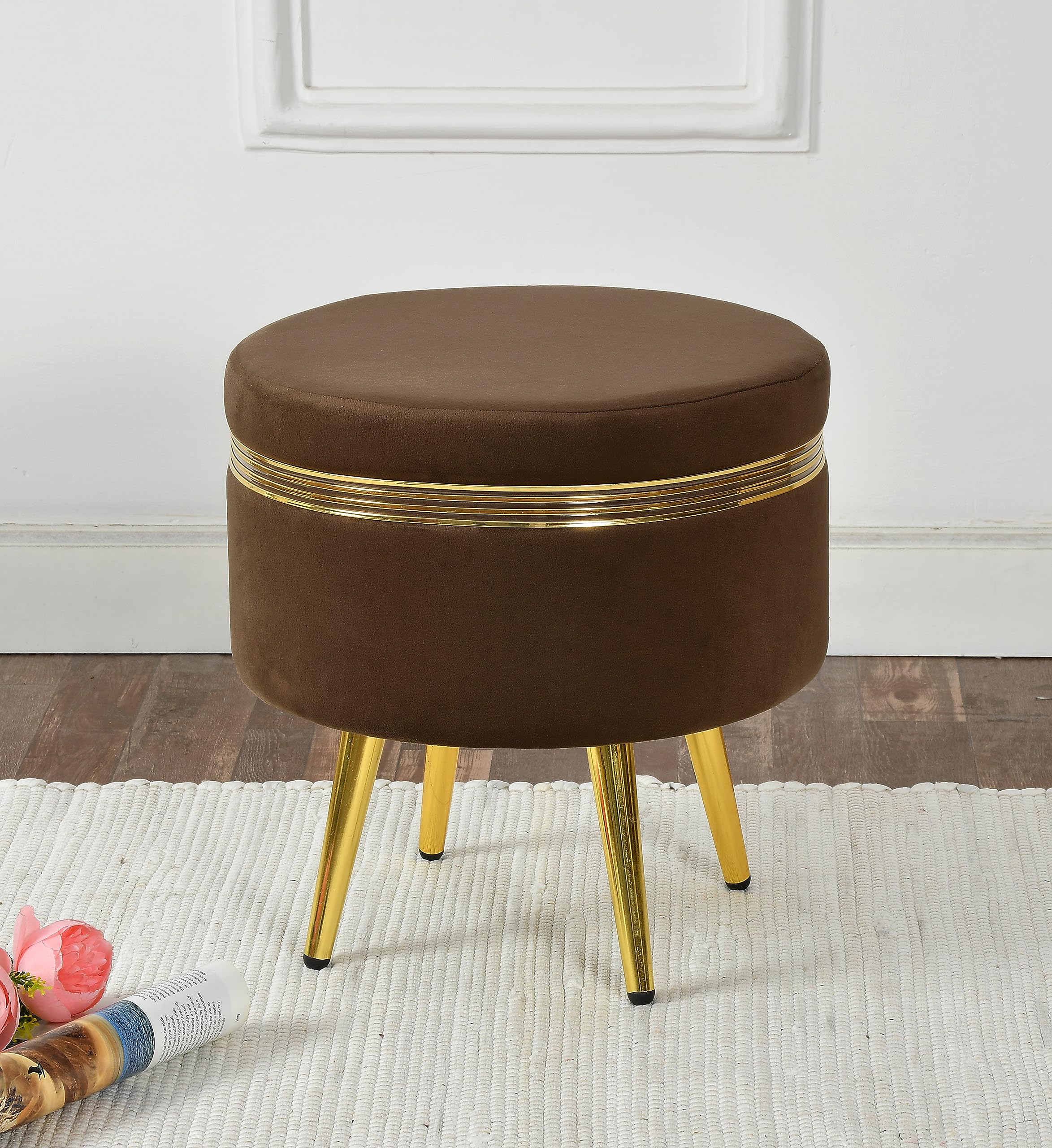 NACIA Ottoman Pouffe Stool for Living Room | Round Cushioned Footstool with Wooden & Gold Metal Legs | Dressing Table Chair for Home Decor, Bedroom & Balcony Use