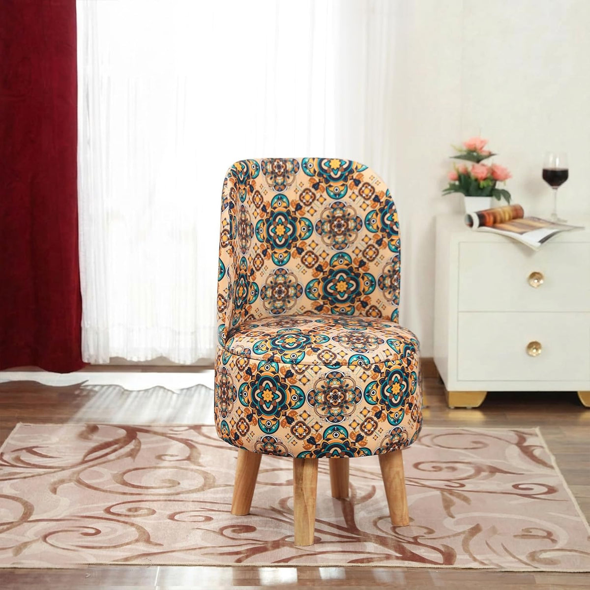 NACIA Velvet Printed Ottoman Chair | Dressing Table Chair for Bedroom Makeup Room Decor | Modern Upholstered Ottoman with Wooden Legs for Living Room & Home (18x18x32 Inches)