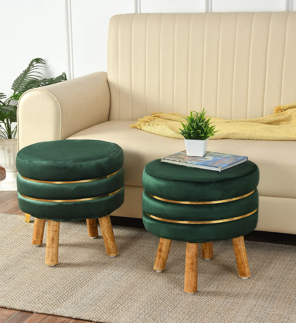 NACIA Velvet Upholstered Ottoman Stool with Wooden Legs | Round Pouffe Footrest Seat for Living Room Bedroom Balcony | Compact Foot Stool for Sitting Home Decor Furniture, 18 Inch