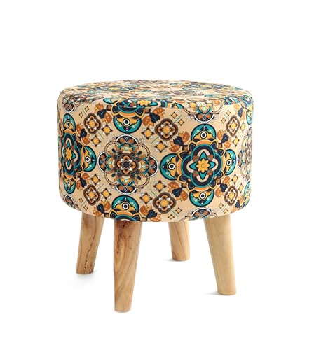 NACIA Velvet Printed Ottoman Chair with Stool Combo | Dressing Table Chair for Bedroom Makeup Room Decor | Modern Upholstered Ottoman with Wooden Legs for Living Room & Home