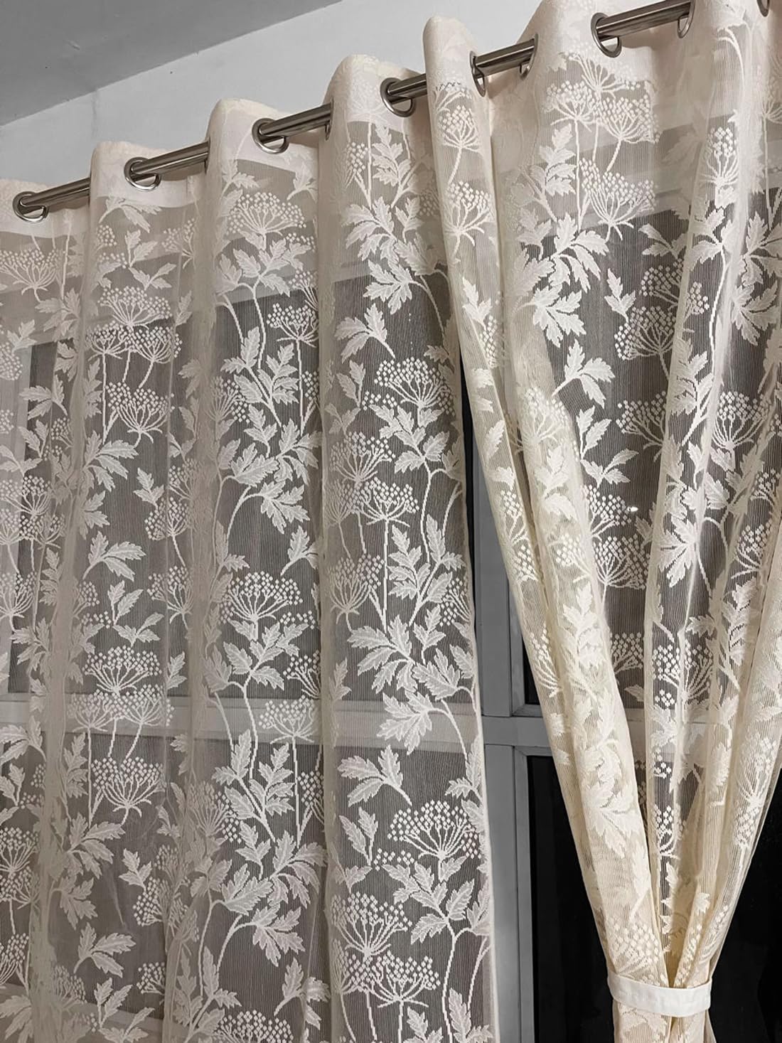 NACIA Floral Net Semi Sheer Curtains 9 Feet Long Set of 2 | Transparent Long Door Curtains with Eyelet Rings | Light Filtering Polyester Net Curtains for Living Room and Bedroom