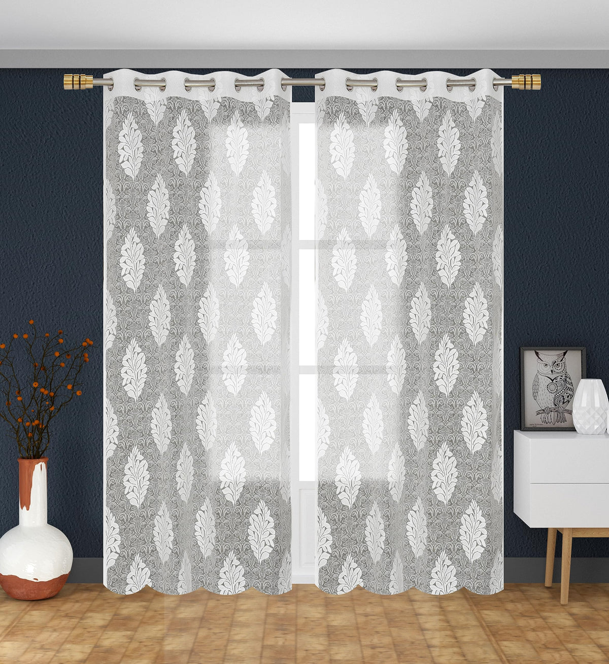 NACIA Heavy Polyester Net Semi Sheer Curtains for Door | Floral Design Grommet Curtains | Semi Transparent Window Drapes for Living Room Bedroom Home Décor