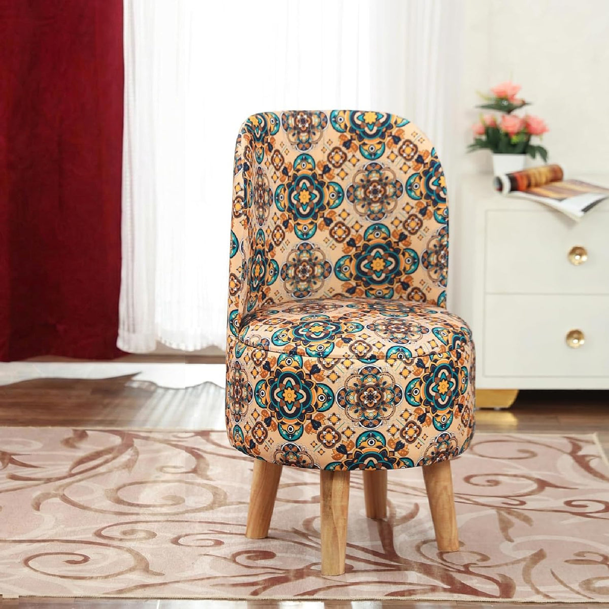 NACIA Velvet Printed Ottoman Chair | Dressing Table Chair for Bedroom Makeup Room Decor | Modern Upholstered Ottoman with Wooden Legs for Living Room & Home (18x18x32 Inches)