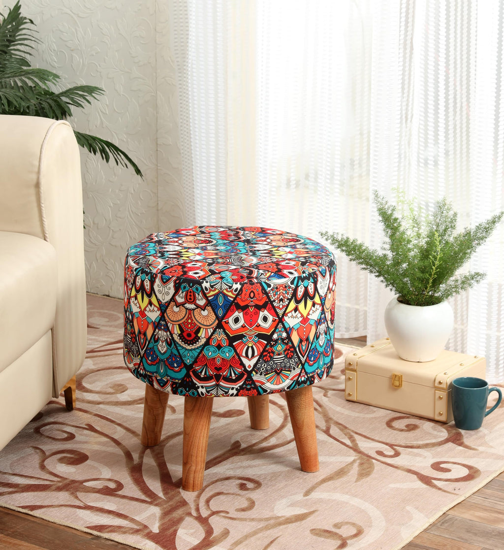 NACIA Printed Ottoman Stool for Living Room | Wooden Pouffe for Sitting and Footrest | Furniture for Home Decor