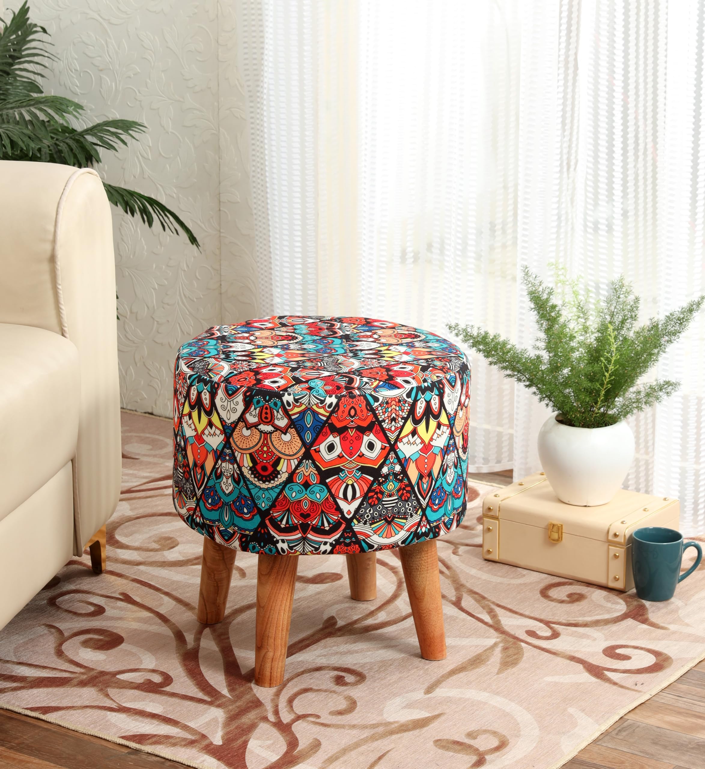 NACIA Printed Ottoman Stool for Living Room | Wooden Pouffe for Sitting and Footrest | Furniture for Home Decor
