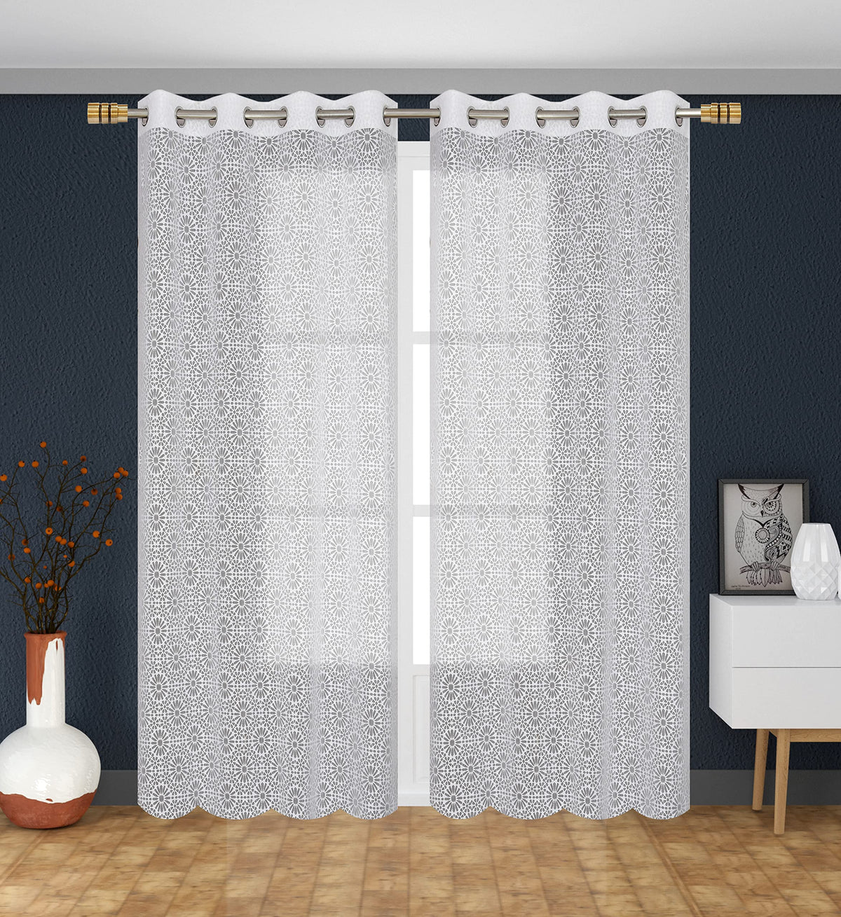 NACIA Heavy Polyester Net Semi Sheer Curtains for Door | Geometric Design Grommet Curtains | Semi Transparent Window Drapes for Living Room Bedroom Home Décor
