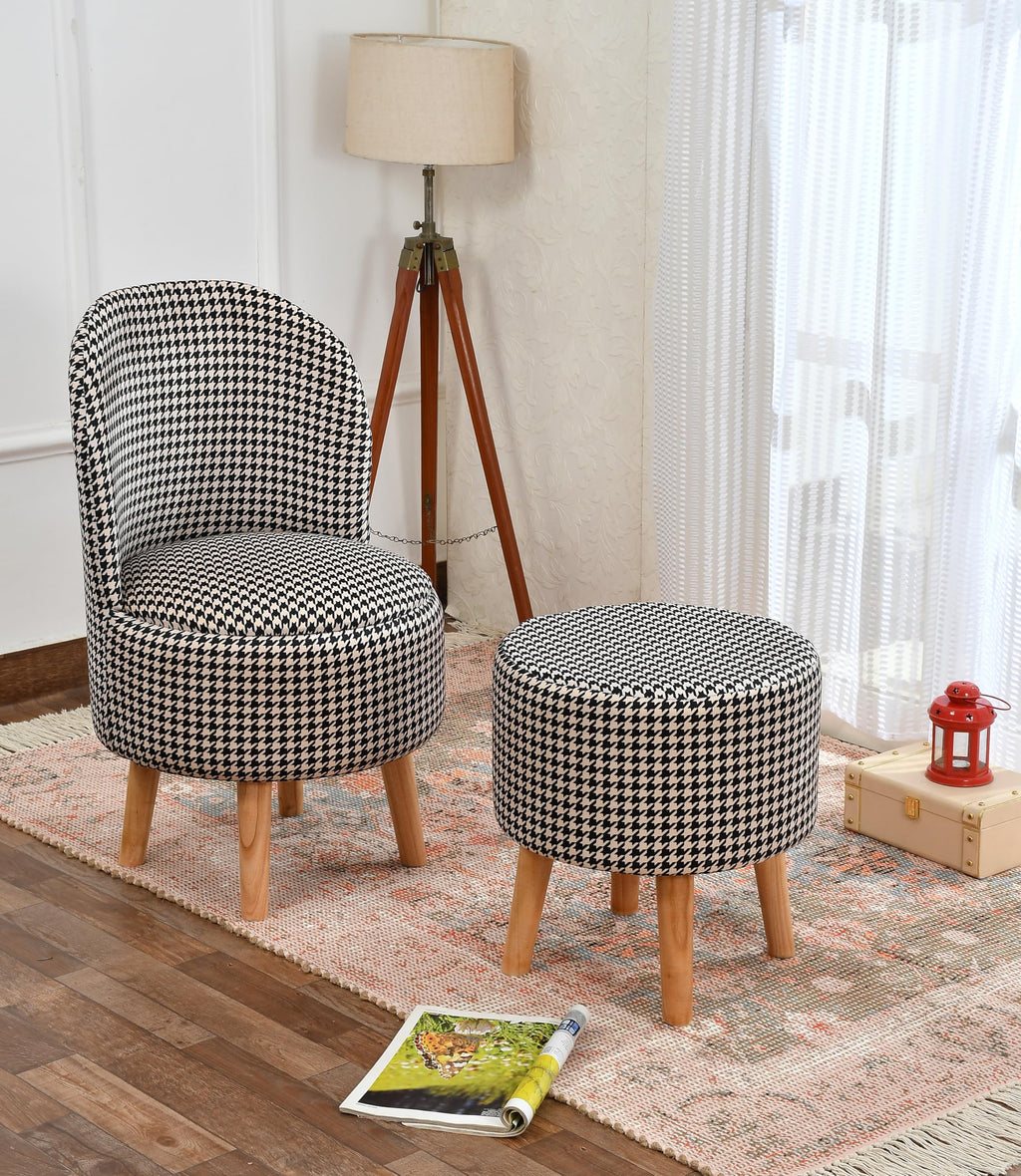 NACIA Velvet Printed Ottoman Chair with Stool Combo | Dressing Table Chair for Bedroom Makeup Room Decor | Modern Upholstered Ottoman with Wooden Legs for Living Room & Home