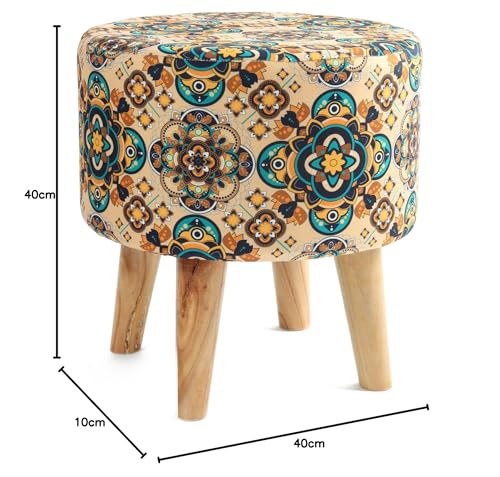 NACIA Velvet Printed Ottoman Chair with Stool Combo | Dressing Table Chair for Bedroom Makeup Room Decor | Modern Upholstered Ottoman with Wooden Legs for Living Room & Home
