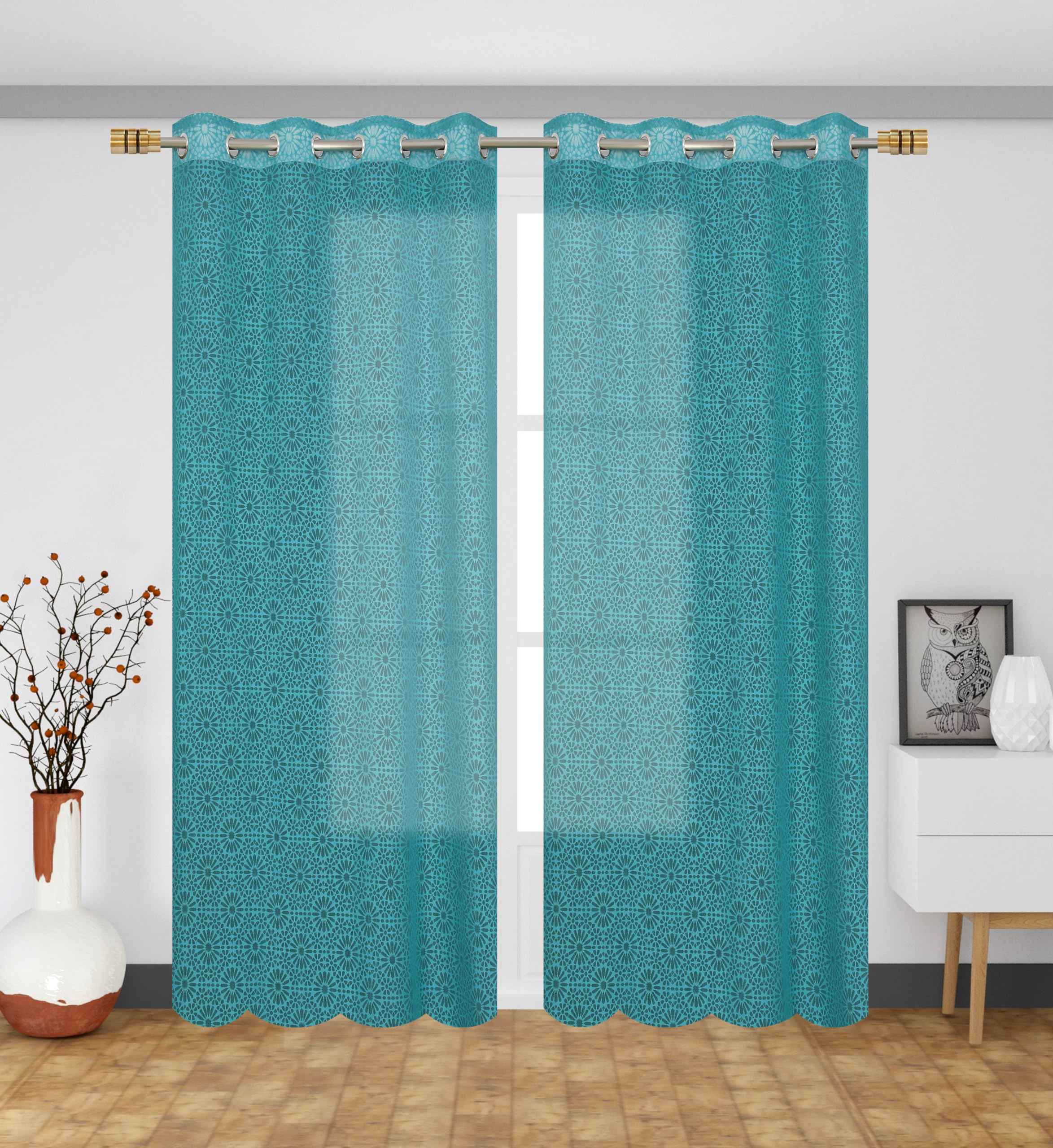 NACIA Heavy Polyester Net Semi Sheer Curtains for Door | Geometric Design Grommet Curtains | Semi Transparent Window Drapes for Living Room Bedroom Home Décor