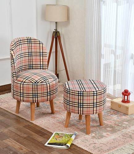 NACIA Velvet Printed Ottoman Chair with Stool Combo | Dressing Table Chair for Bedroom Makeup Room Decor | Modern Upholstered Ottoman with Wooden Legs for Living Room & Home