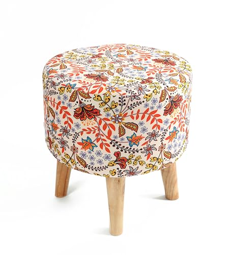 NACIA Velvet Printed Ottoman Chair with Stool Combo | Dressing Table Chair for Bedroom Makeup Room Decor | Modern Upholstered Ottoman with Wooden Legs for Living Room & Home