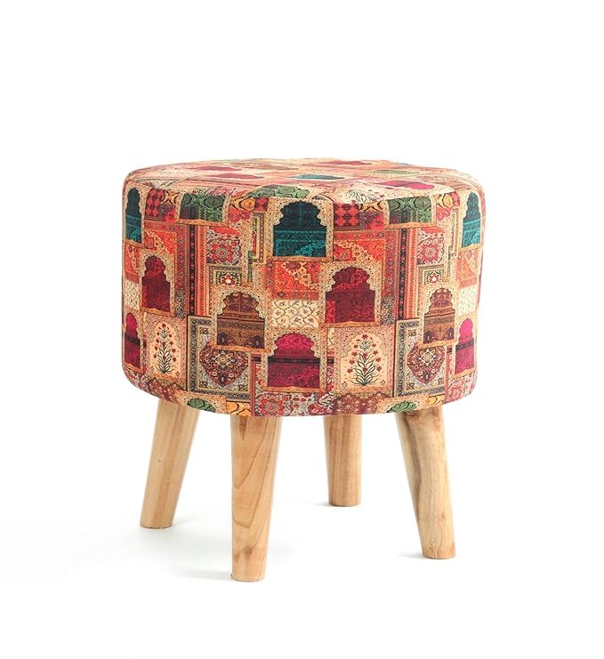 NACIA Printed Ottoman Stool for Living Room | Wooden Pouffe for Sitting and Footrest | Furniture for Home Decor