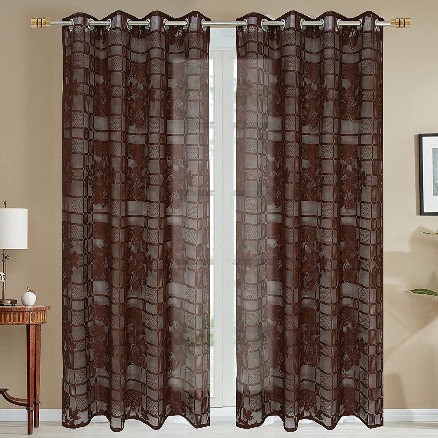 NACIA Heavy Polyester Net Semi Sheer Curtains for Door | Floral Design Grommet Curtains | Semi Transparent Window Drapes for Living Room Bedroom Home Décor