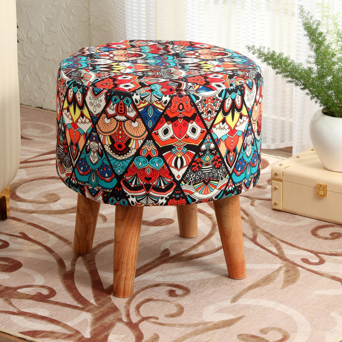 NACIA Printed Ottoman Stool for Living Room | Wooden Pouffe for Sitting and Footrest | Furniture for Home Decor