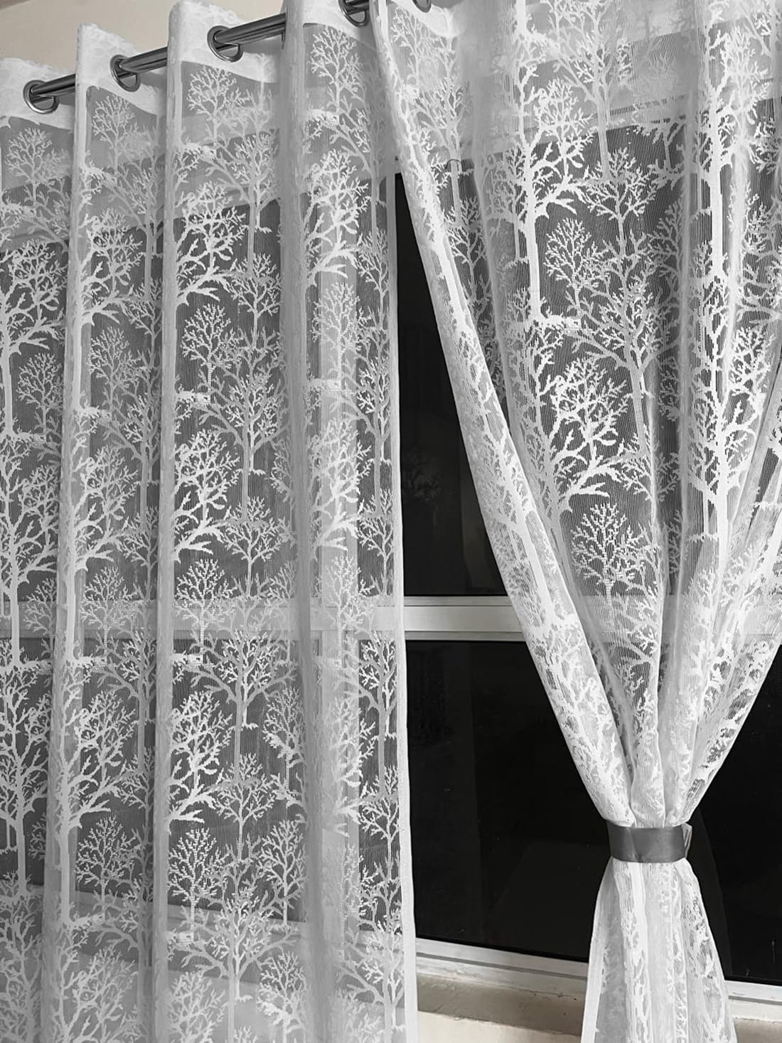 NACIA Floral Net Semi Sheer Curtains 9 Feet Long Set of 2 | Transparent Long Door Curtains with Eyelet Rings | Light Filtering Polyester Net Curtains for Living Room and Bedroom