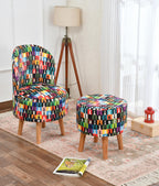 NACIA Velvet Printed Ottoman Chair with Stool Combo | Dressing Table Chair for Bedroom Makeup Room Decor | Modern Upholstered Ottoman with Wooden Legs for Living Room & Home