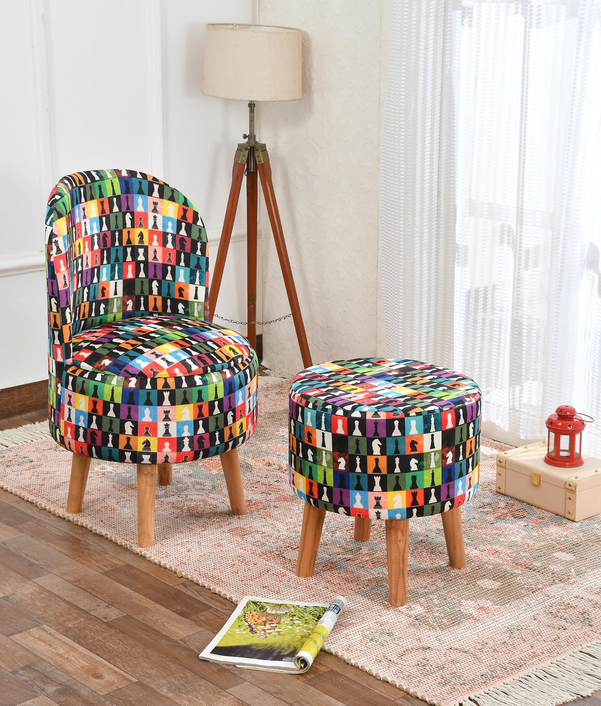 NACIA Velvet Printed Ottoman Chair with Stool Combo | Dressing Table Chair for Bedroom Makeup Room Decor | Modern Upholstered Ottoman with Wooden Legs for Living Room & Home