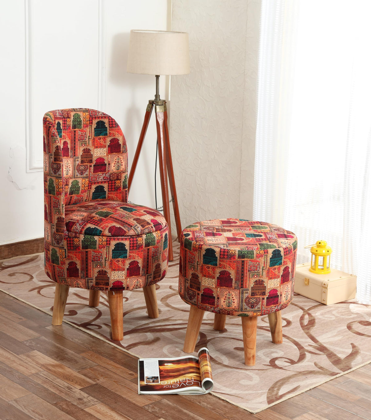 NACIA Velvet Printed Ottoman Chair with Stool Combo | Dressing Table Chair for Bedroom Makeup Room Decor | Modern Upholstered Ottoman with Wooden Legs for Living Room & Home