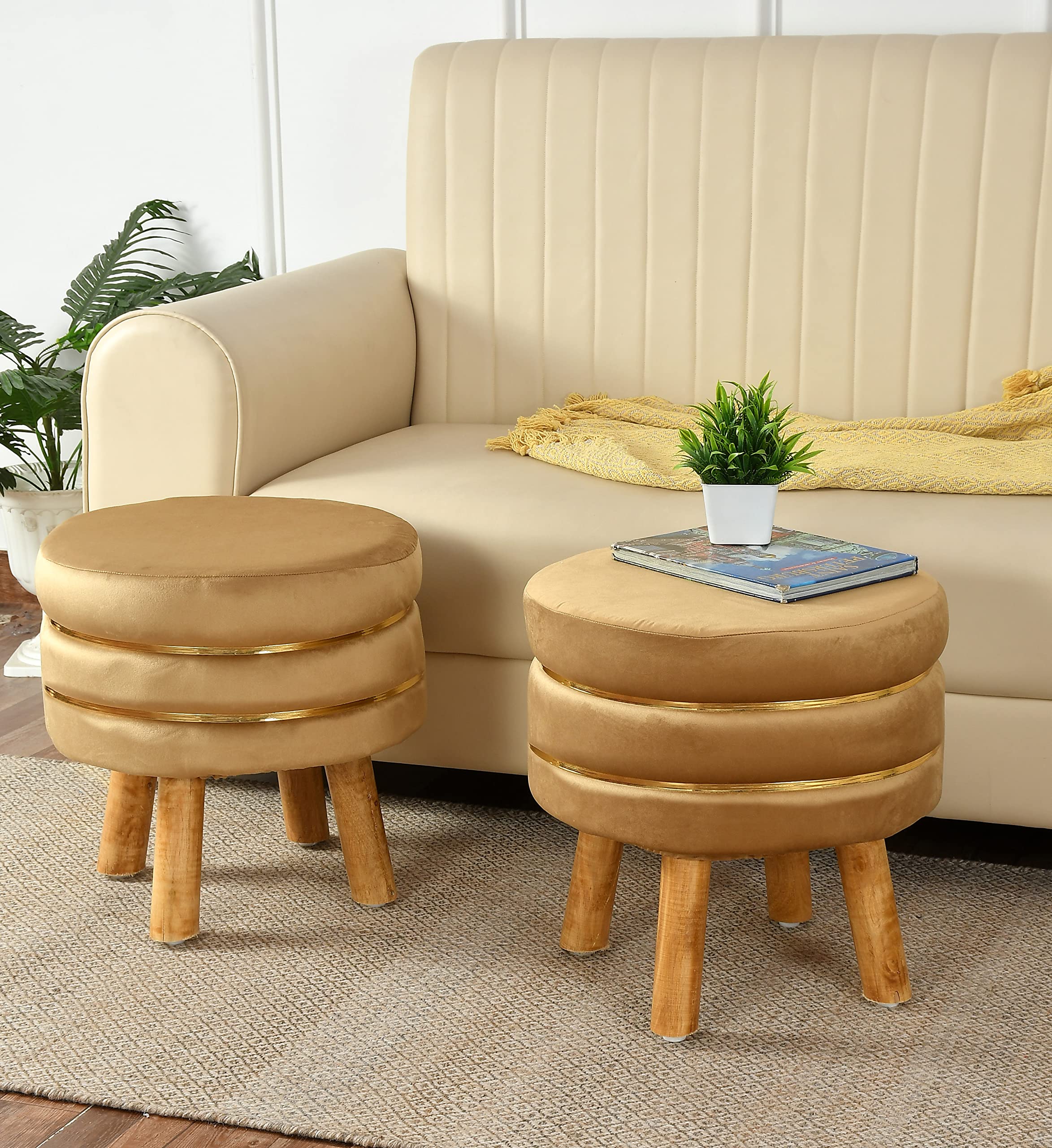 NACIA Velvet Upholstered Ottoman Stool with Wooden Legs | Round Pouffe Footrest Seat for Living Room Bedroom Balcony | Compact Foot Stool for Sitting Home Decor Furniture, 18 Inch