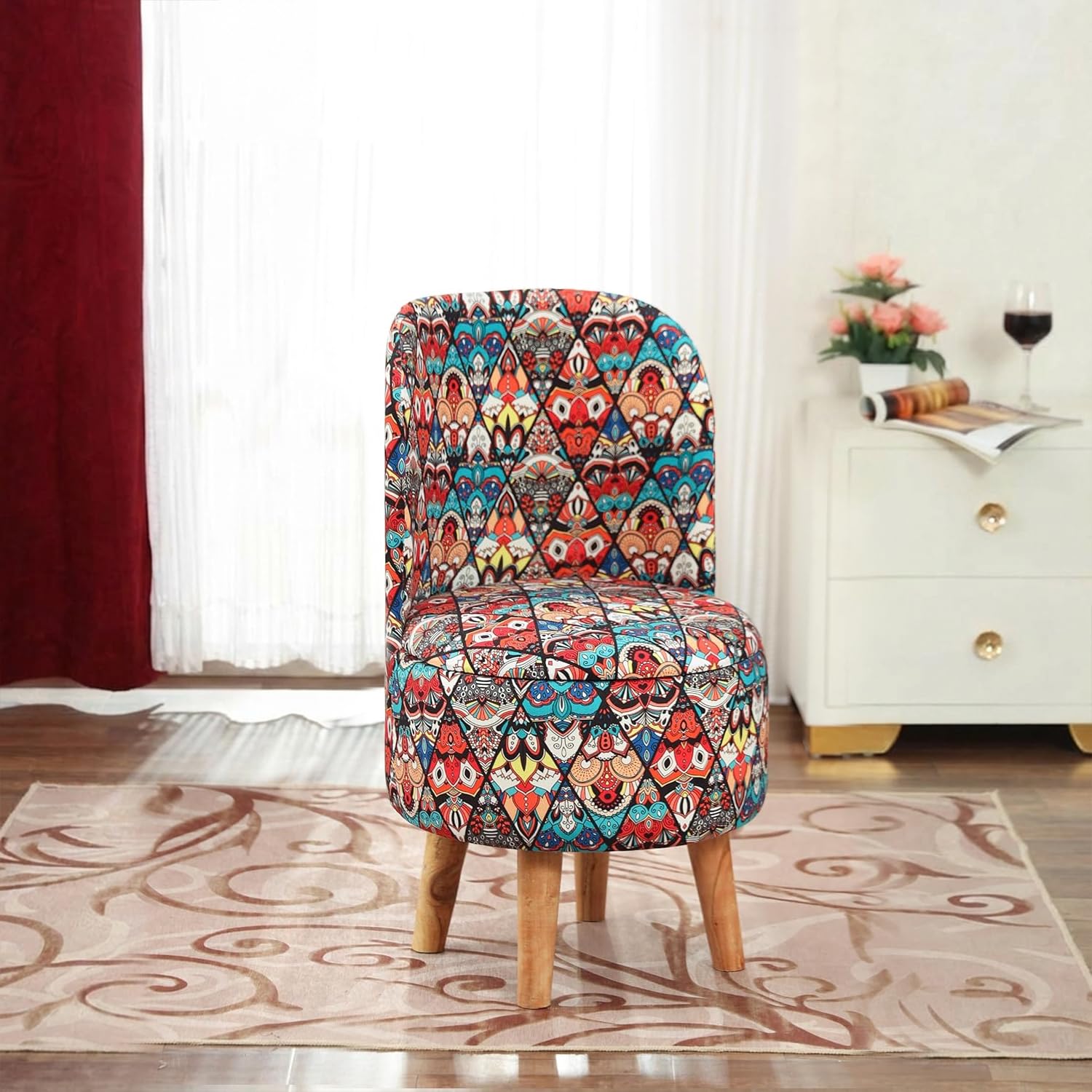 NACIA Velvet Printed Ottoman Chair | Dressing Table Chair for Bedroom Makeup Room Decor | Modern Upholstered Ottoman with Wooden Legs for Living Room & Home (18x18x32 Inches)