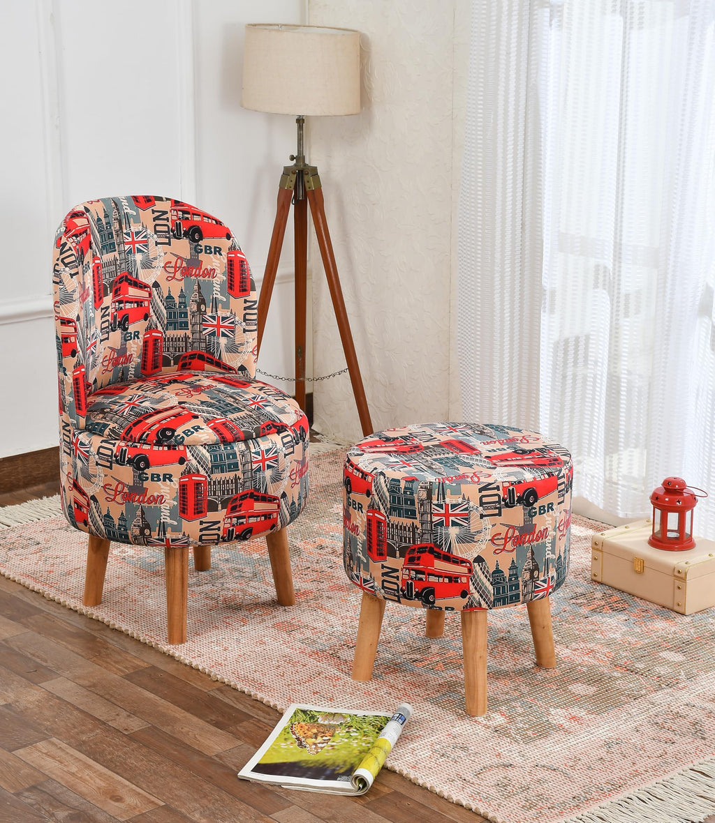 NACIA Velvet Printed Ottoman Chair with Stool Combo | Dressing Table Chair for Bedroom Makeup Room Decor | Modern Upholstered Ottoman with Wooden Legs for Living Room & Home