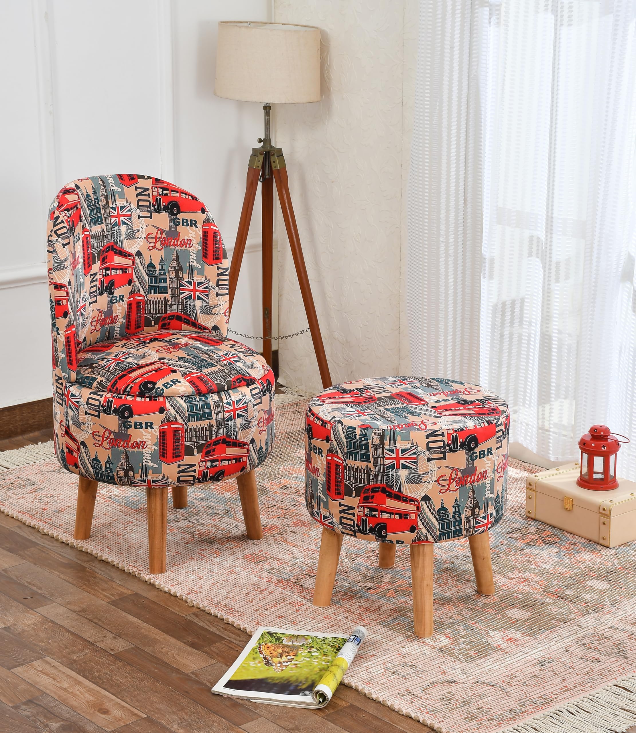 NACIA Velvet Printed Ottoman Chair with Stool Combo | Dressing Table Chair for Bedroom Makeup Room Decor | Modern Upholstered Ottoman with Wooden Legs for Living Room & Home