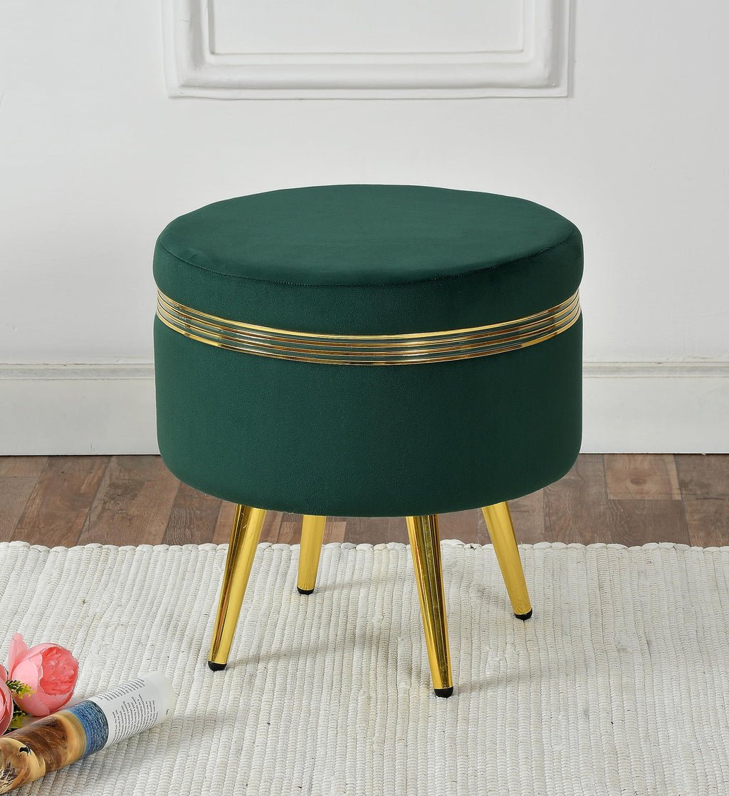 NACIA Ottoman Pouffe Stool for Living Room | Round Cushioned Footstool with Wooden & Gold Metal Legs | Dressing Table Chair for Home Decor, Bedroom & Balcony Use