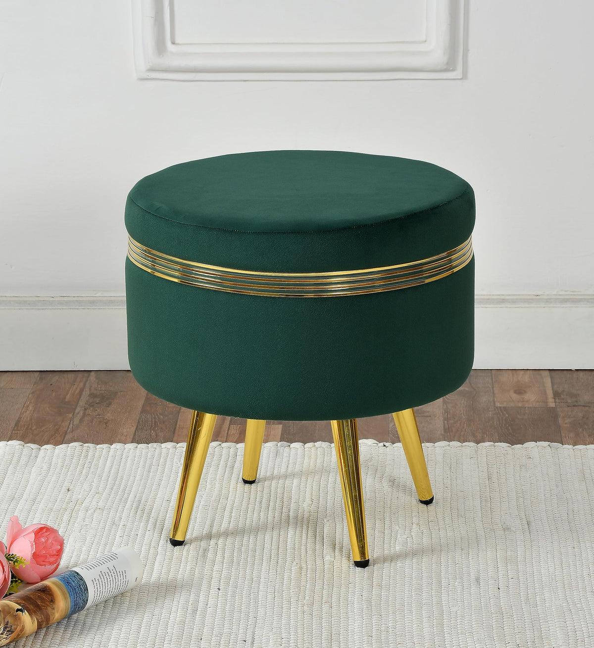 NACIA Ottoman Pouffe Stool for Living Room | Round Cushioned Footstool with Wooden & Gold Metal Legs | Dressing Table Chair for Home Decor, Bedroom & Balcony Use