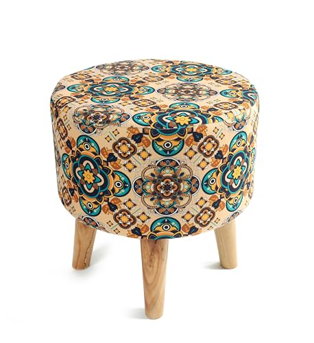 NACIA Velvet Printed Ottoman Chair with Stool Combo | Dressing Table Chair for Bedroom Makeup Room Decor | Modern Upholstered Ottoman with Wooden Legs for Living Room & Home