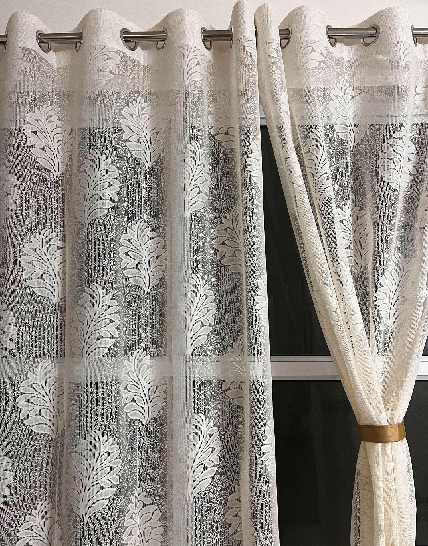 NACIA Floral Net Semi Sheer Curtains 9 Feet Long Set of 2 | Transparent Long Door Curtains with Eyelet Rings | Light Filtering Polyester Net Curtains for Living Room and Bedroom