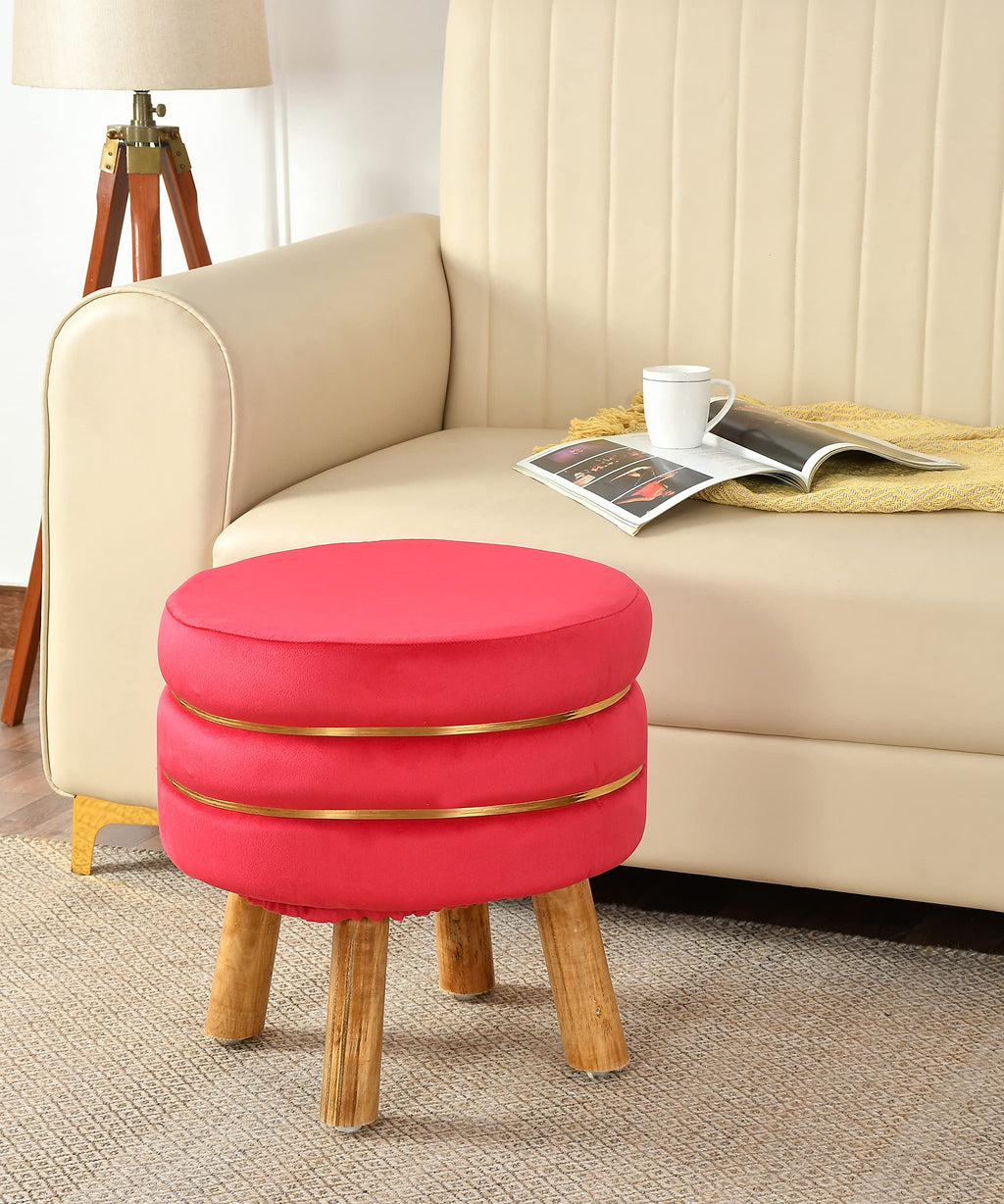 NACIA Velvet Upholstered Ottoman Stool with Wooden Legs | Round Pouffe Footrest Seat for Living Room Bedroom Balcony | Compact Foot Stool for Sitting Home Decor Furniture, 18 Inch