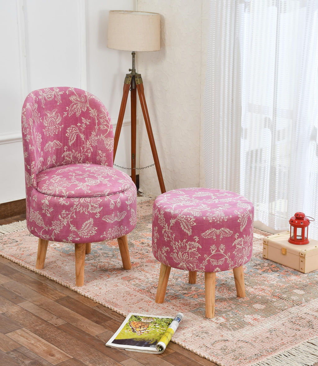 NACIA Velvet Printed Ottoman Chair with Stool Combo | Dressing Table Chair for Bedroom Makeup Room Decor | Modern Upholstered Ottoman with Wooden Legs for Living Room & Home