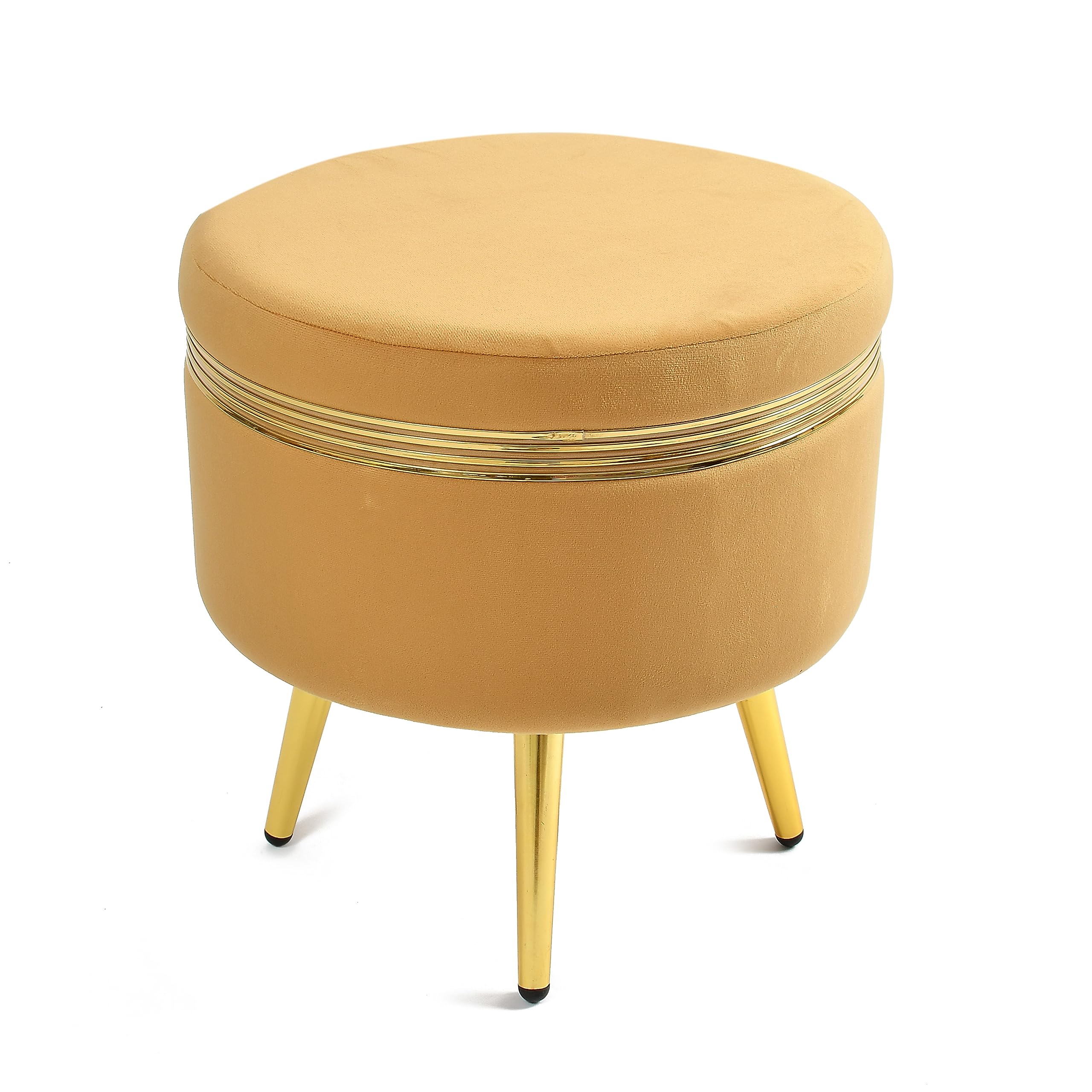 NACIA Ottoman Pouffe Stool for Living Room | Round Cushioned Footstool with Wooden & Gold Metal Legs | Dressing Table Chair for Home Decor, Bedroom & Balcony Use