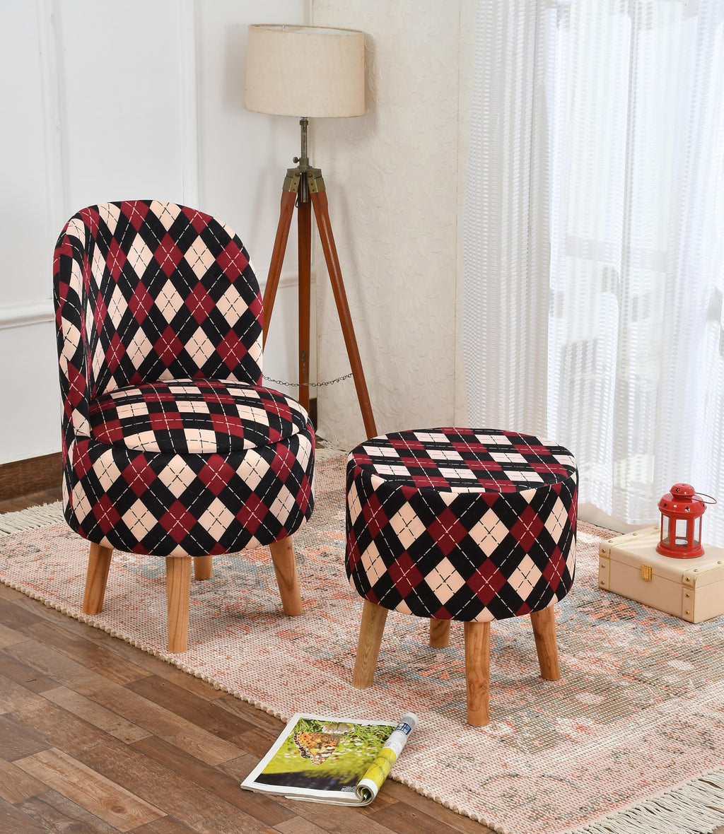 NACIA Velvet Printed Ottoman Chair with Stool Combo | Dressing Table Chair for Bedroom Makeup Room Decor | Modern Upholstered Ottoman with Wooden Legs for Living Room & Home