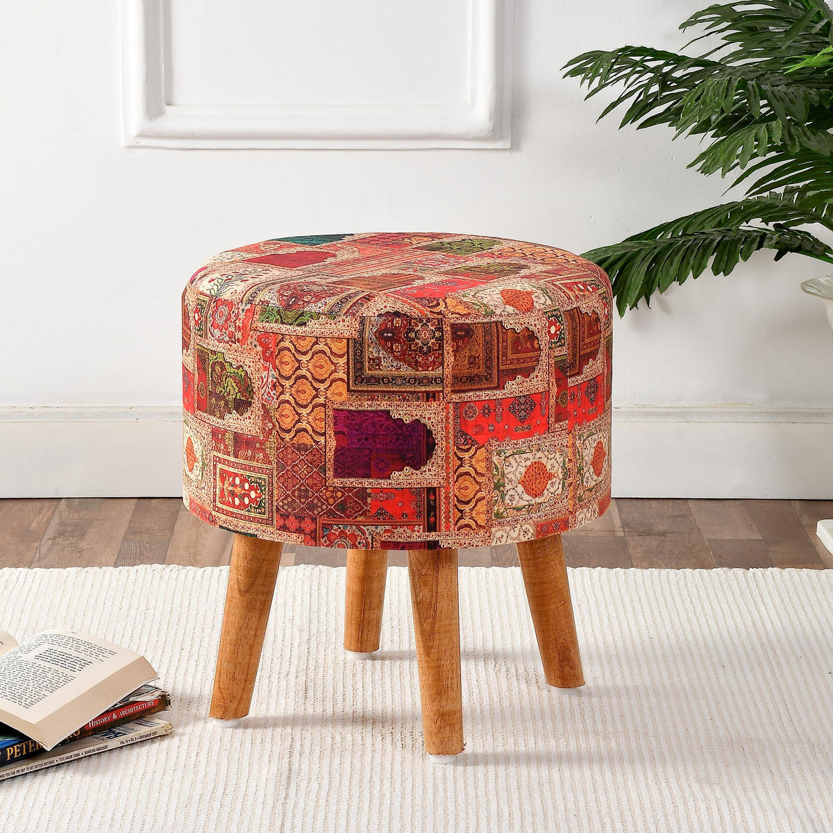 NACIA Printed Ottoman Stool for Living Room | Wooden Pouffe for Sitting and Footrest | Furniture for Home Decor
