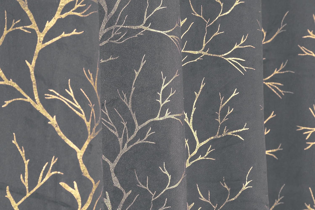 NACIA Golden Foil Print Velvet Curtains for Long Window, Door and Log Door | Decorative Eyelet Room Darkening Drapes with Metallic Tree Branch Design for Living Room and Home Décor, Pack of 1