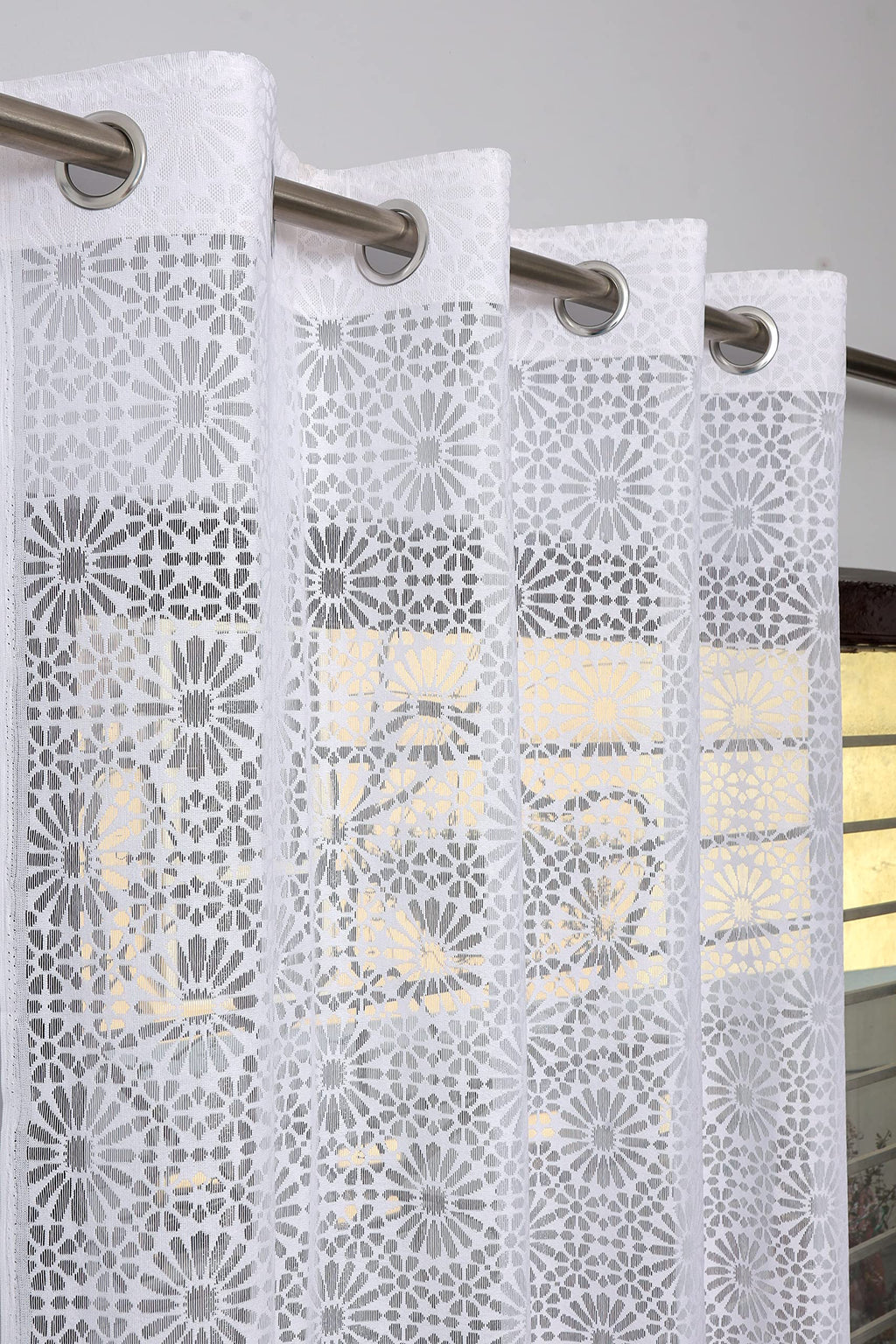 NACIA Heavy Polyester Net Semi Sheer Curtains for Door | Geometric Design Grommet Curtains | Semi Transparent Window Drapes for Living Room Bedroom Home Décor