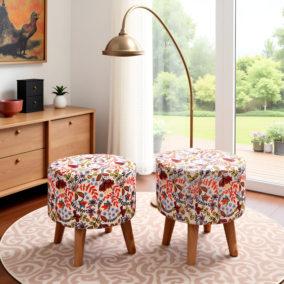 NACIA Printed Ottoman Stool for Living Room | Wooden Pouffe for Sitting and Footrest | Furniture for Home Decor
