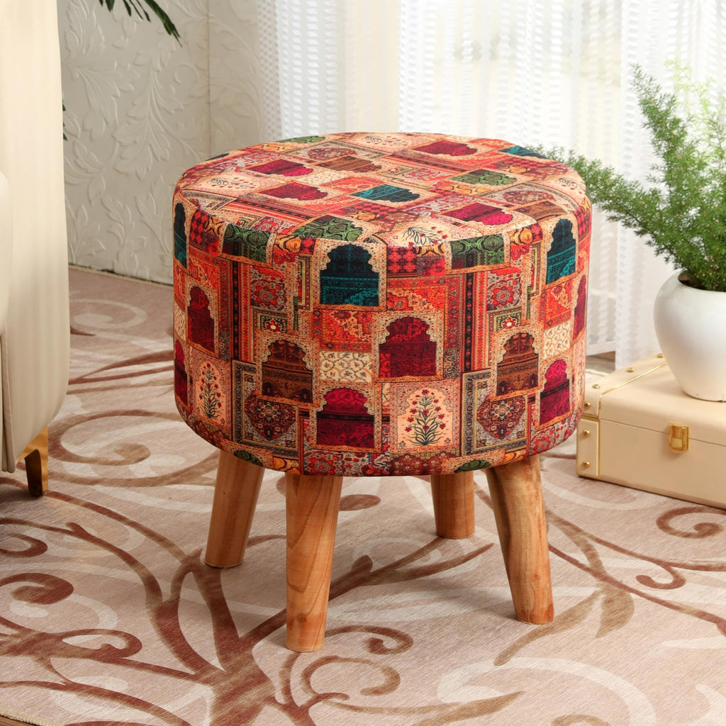 NACIA Velvet Printed Ottoman Chair | Dressing Table Chair for Bedroom Makeup Room Decor | Modern Upholstered Ottoman with Wooden Legs for Living Room & Home (18x18x32 Inches)